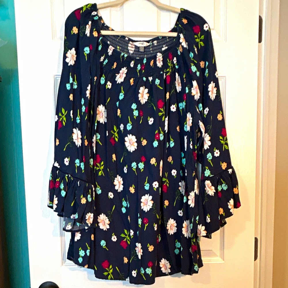 terra & sky Womens Plus 3X Blue navy Multicolor Floral Peasant Blouse tunic top
